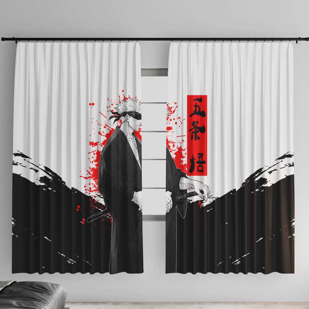 Satoru Gojo Jujutsu Kaisen Samurai Style Window Curtain with Katana, Red Kanji and Oni Mask Illustration - The Mazicc