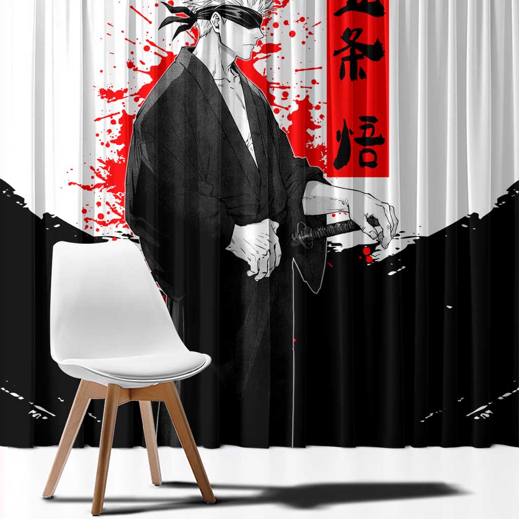 Satoru Gojo Jujutsu Kaisen Samurai Style Window Curtain with Katana, Red Kanji and Oni Mask Illustration - The Mazicc