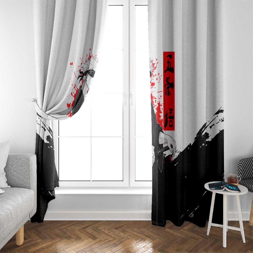 Satoru Gojo Jujutsu Kaisen Samurai Style Window Curtain with Katana, Red Kanji and Oni Mask Illustration - The Mazicc