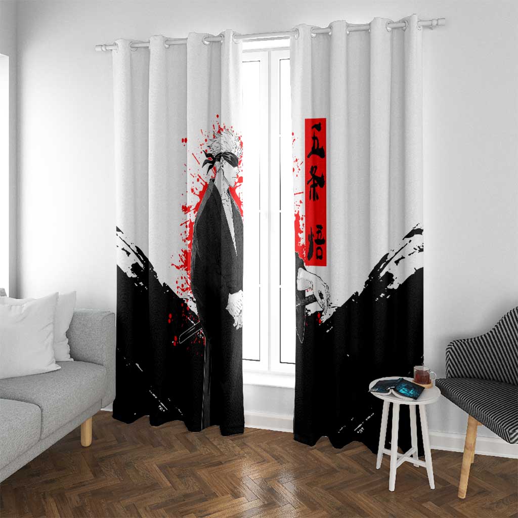 Satoru Gojo Jujutsu Kaisen Samurai Style Window Curtain with Katana, Red Kanji and Oni Mask Illustration - The Mazicc