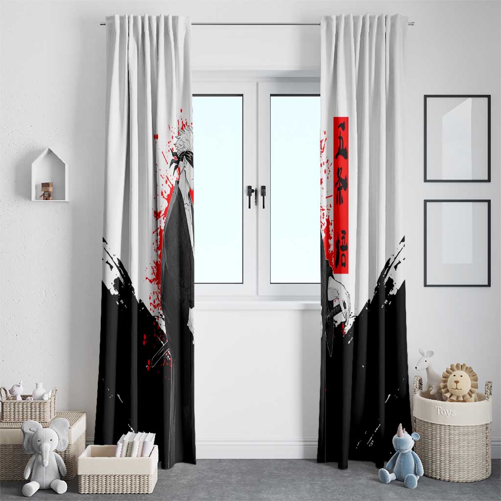 Satoru Gojo Jujutsu Kaisen Samurai Style Window Curtain with Katana, Red Kanji and Oni Mask Illustration - The Mazicc