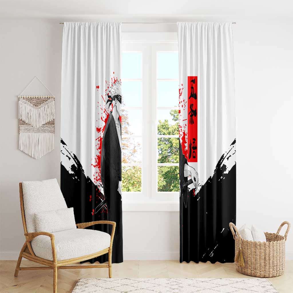 Satoru Gojo Jujutsu Kaisen Samurai Style Window Curtain with Katana, Red Kanji and Oni Mask Illustration - The Mazicc