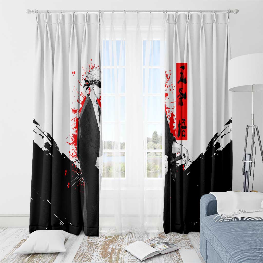 Satoru Gojo Jujutsu Kaisen Samurai Style Window Curtain with Katana, Red Kanji and Oni Mask Illustration - The Mazicc