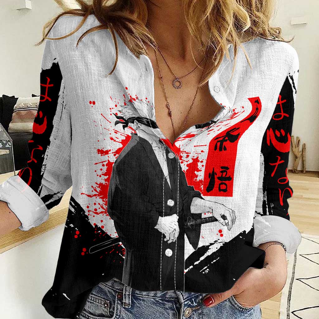 Satoru Gojo Jujutsu Kaisen Samurai Style Women Casual Shirt with Katana, Red Kanji and Oni Mask Illustration - The Mazicc