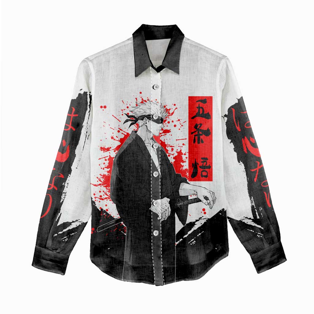 Satoru Gojo Jujutsu Kaisen Samurai Style Women Casual Shirt with Katana, Red Kanji and Oni Mask Illustration - The Mazicc