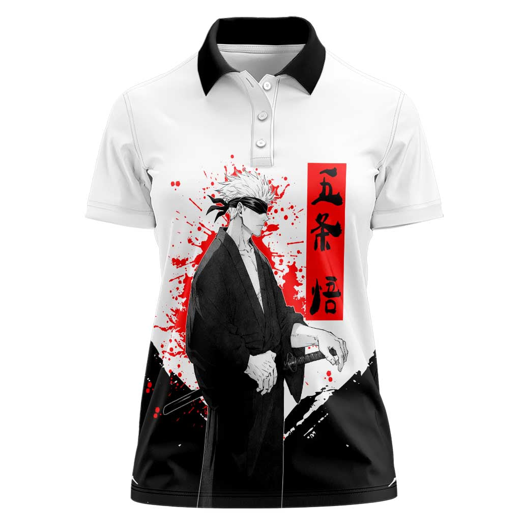 Satoru Gojo Jujutsu Kaisen Samurai Style Women Polo Shirt with Katana, Red Kanji and Oni Mask Illustration - The Mazicc