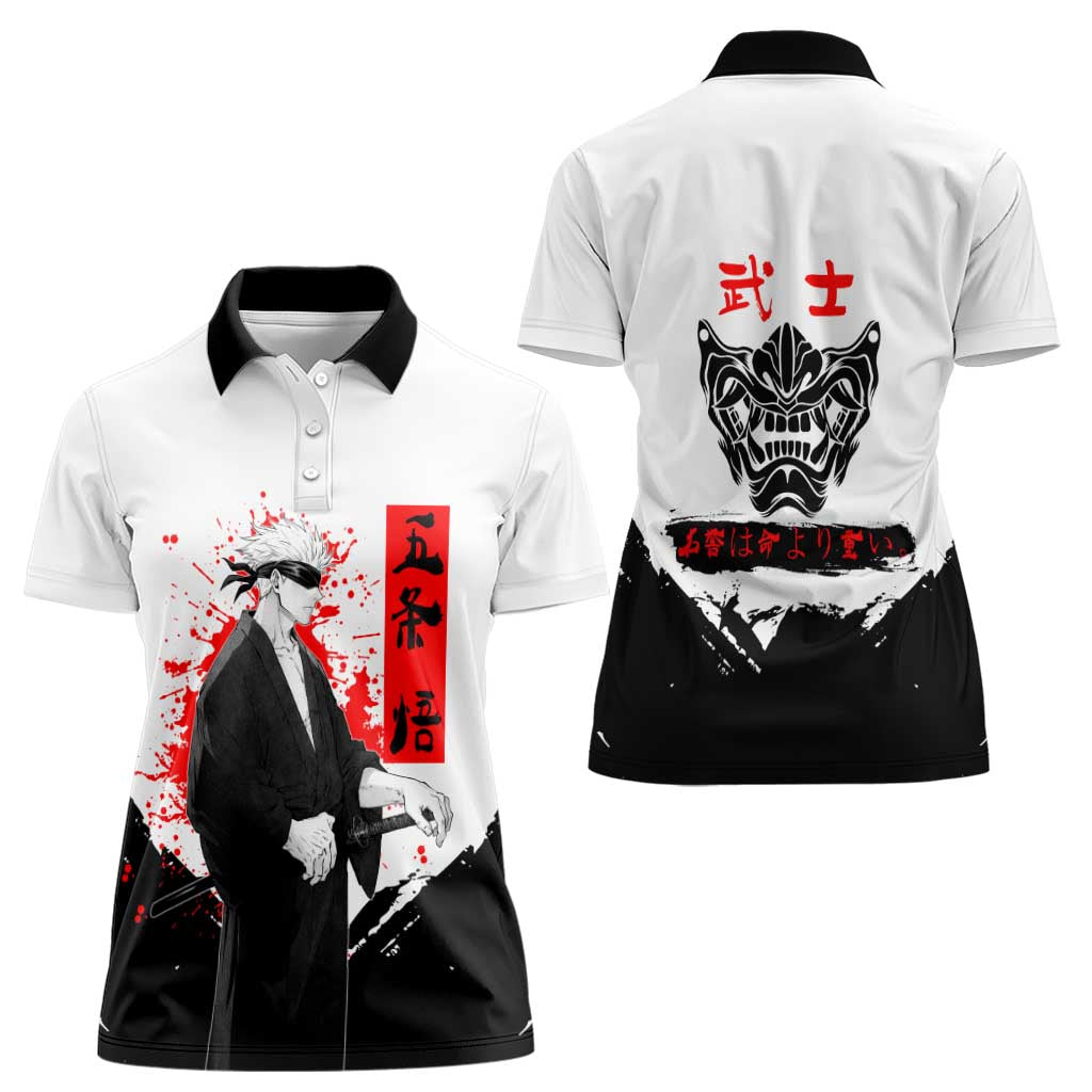 Satoru Gojo Jujutsu Kaisen Samurai Style Women Polo Shirt with Katana, Red Kanji and Oni Mask Illustration - The Mazicc