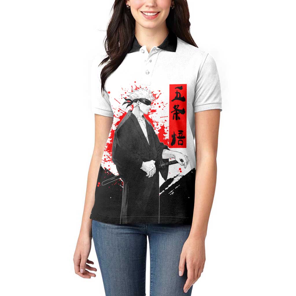 Satoru Gojo Jujutsu Kaisen Samurai Style Women Polo Shirt with Katana, Red Kanji and Oni Mask Illustration - The Mazicc