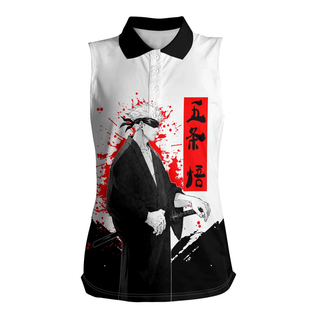 Satoru Gojo Jujutsu Kaisen Samurai Style Women Sleeveless Polo Shirt with Katana, Red Kanji and Oni Mask Illustration - The Mazicc