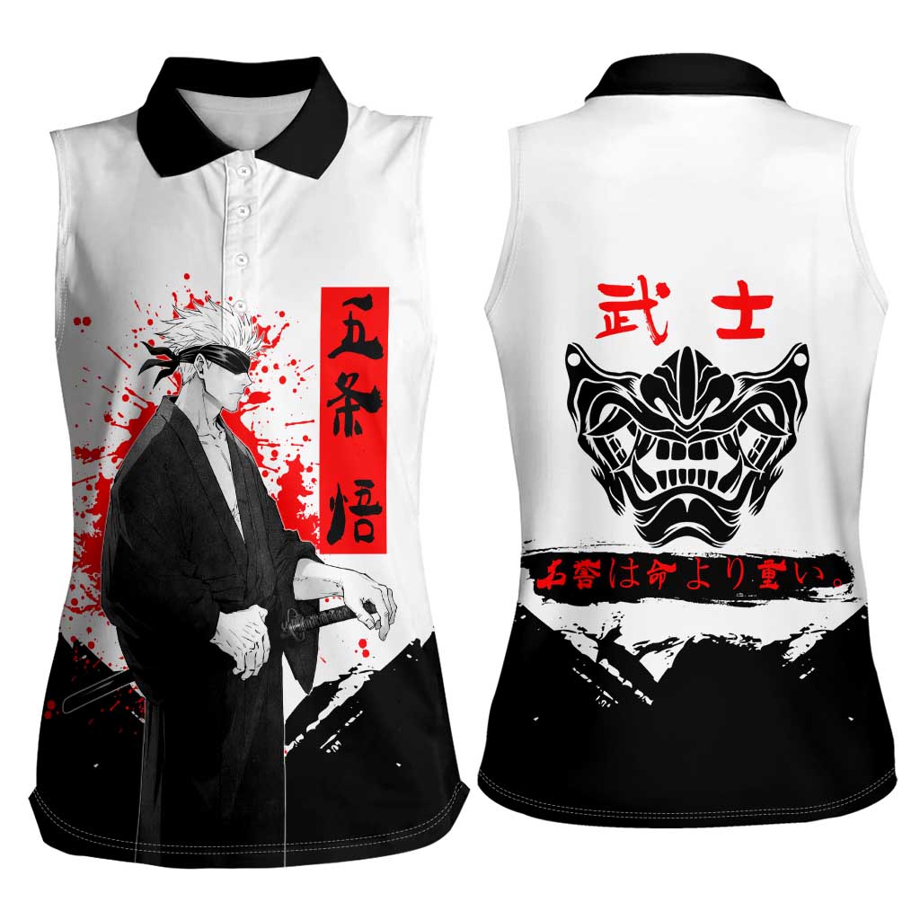 Satoru Gojo Jujutsu Kaisen Samurai Style Women Sleeveless Polo Shirt with Katana, Red Kanji and Oni Mask Illustration - The Mazicc