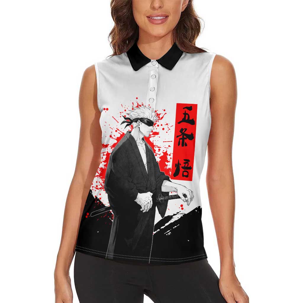 Satoru Gojo Jujutsu Kaisen Samurai Style Women Sleeveless Polo Shirt with Katana, Red Kanji and Oni Mask Illustration - The Mazicc