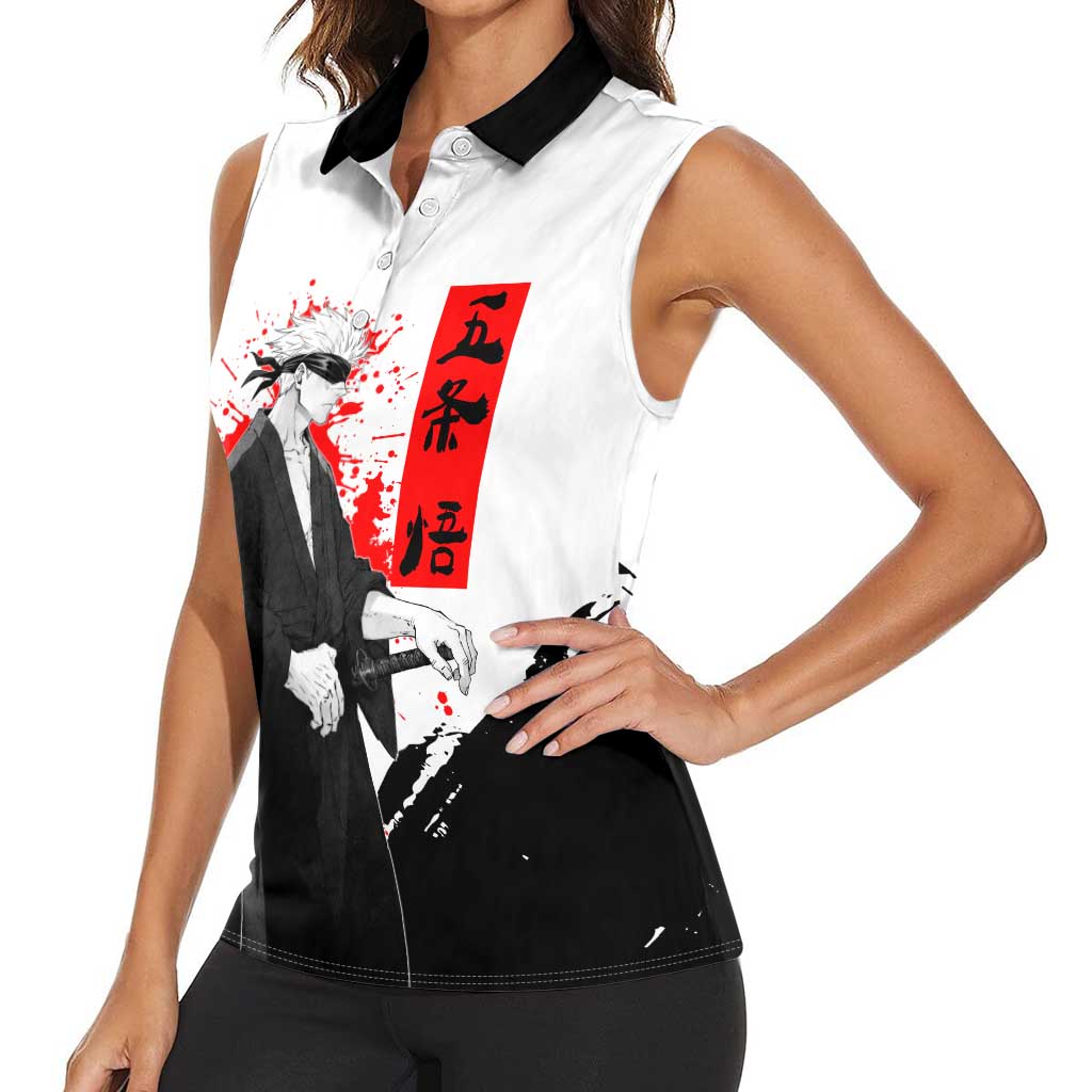 Satoru Gojo Jujutsu Kaisen Samurai Style Women Sleeveless Polo Shirt with Katana, Red Kanji and Oni Mask Illustration - The Mazicc