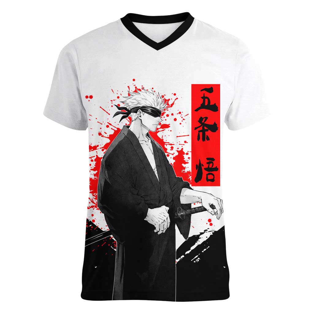 Satoru Gojo Jujutsu Kaisen Samurai Style Women V-Neck T-Shirt with Katana, Red Kanji and Oni Mask Illustration - The Mazicc