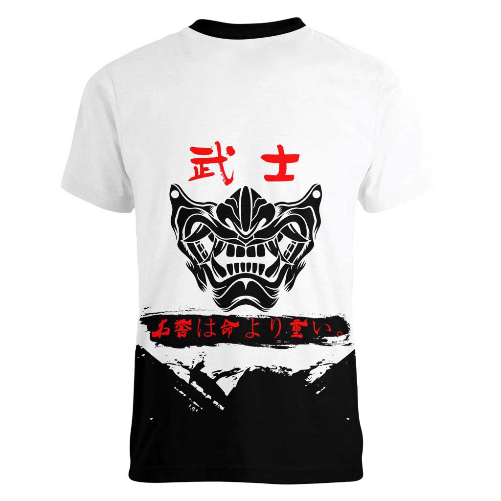 Satoru Gojo Jujutsu Kaisen Samurai Style Women V-Neck T-Shirt with Katana, Red Kanji and Oni Mask Illustration - The Mazicc