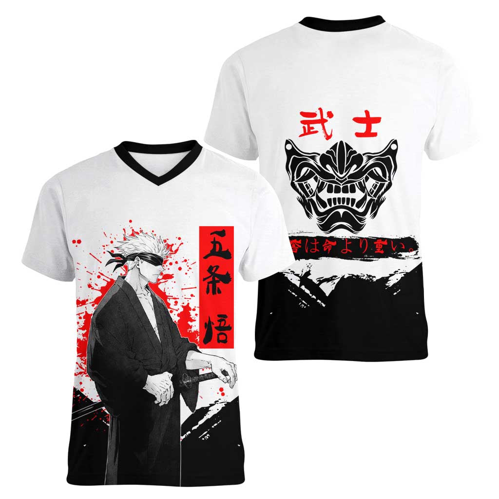 Satoru Gojo Jujutsu Kaisen Samurai Style Women V-Neck T-Shirt with Katana, Red Kanji and Oni Mask Illustration - The Mazicc