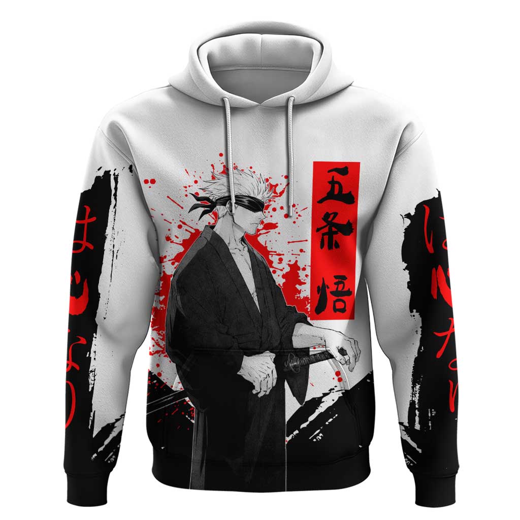 Satoru Gojo Jujutsu Kaisen Samurai Style Zip Hoodie with Katana, Red Kanji and Oni Mask Illustration - The Mazicc
