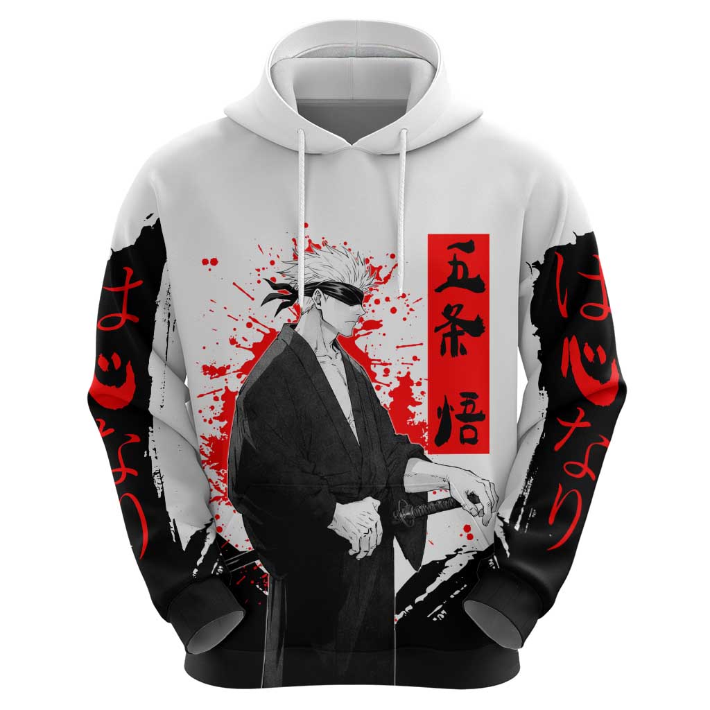 Satoru Gojo Jujutsu Kaisen Samurai Style Zip Hoodie with Katana, Red Kanji and Oni Mask Illustration - The Mazicc