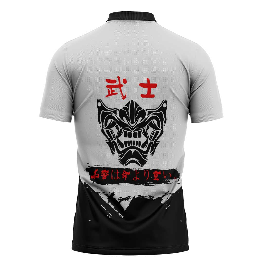 Satoru Gojo Jujutsu Kaisen Samurai Style Zipper Polo Shirt with Katana, Red Kanji and Oni Mask Illustration - The Mazicc