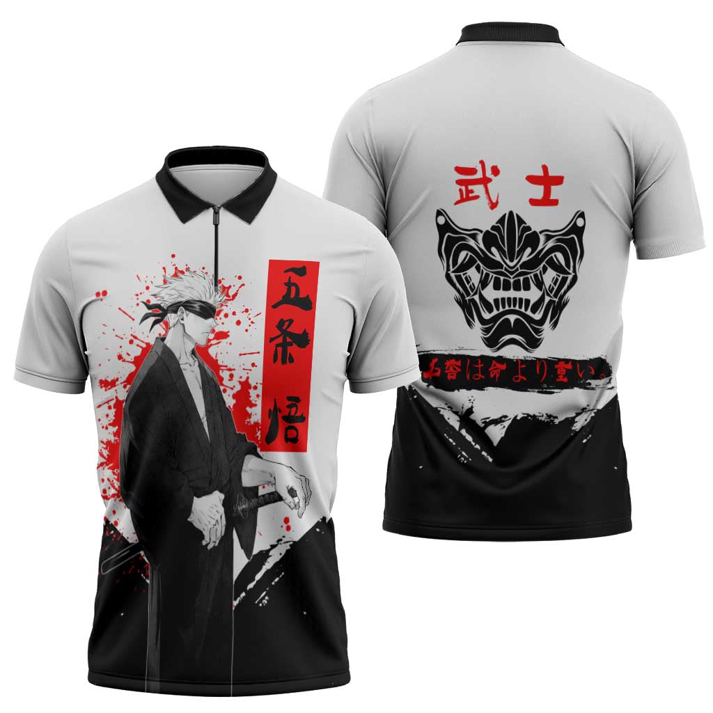 Satoru Gojo Jujutsu Kaisen Samurai Style Zipper Polo Shirt with Katana, Red Kanji and Oni Mask Illustration - The Mazicc