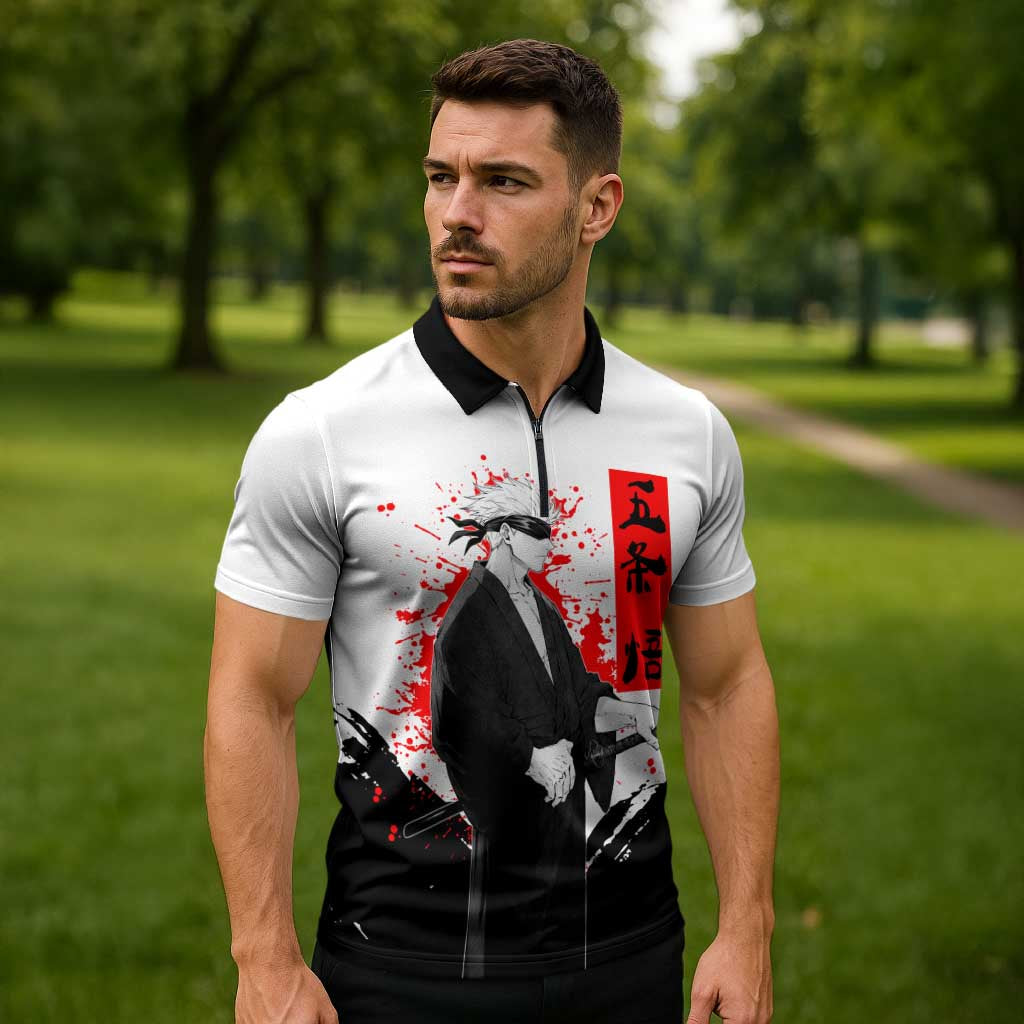 Satoru Gojo Jujutsu Kaisen Samurai Style Zipper Polo Shirt with Katana, Red Kanji and Oni Mask Illustration - The Mazicc