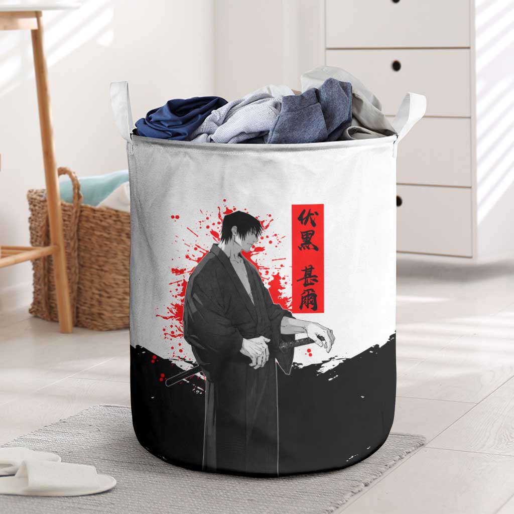 Toji Fushiguro Jujutsu Kaisen Samurai Theme Laundry Basket with Katana, Red Kanji and Oni Mask Artwork - The Mazicc