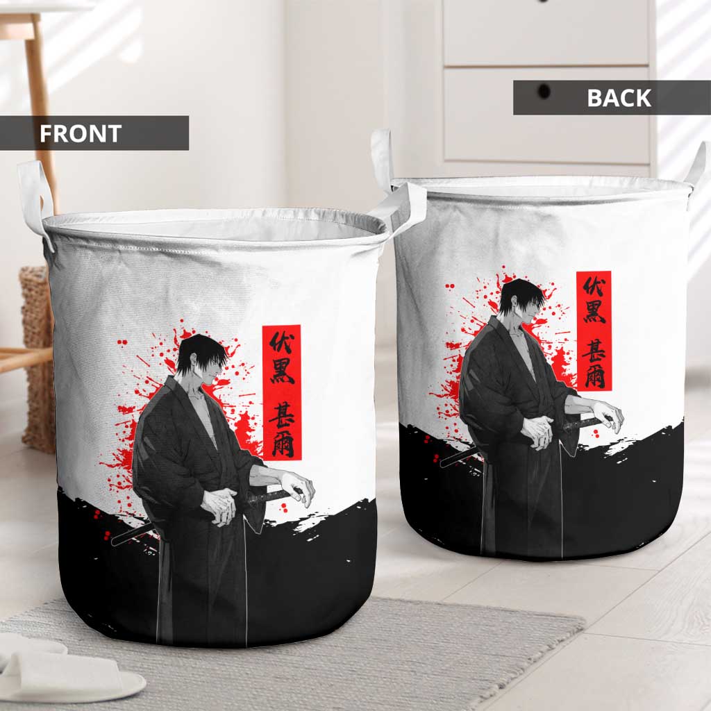 Toji Fushiguro Jujutsu Kaisen Samurai Theme Laundry Basket with Katana, Red Kanji and Oni Mask Artwork - The Mazicc