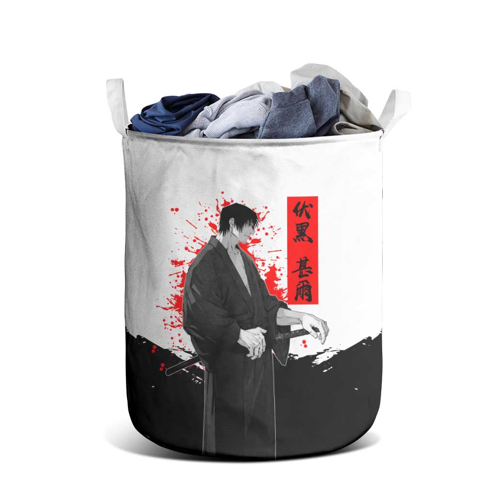 Toji Fushiguro Jujutsu Kaisen Samurai Theme Laundry Basket with Katana, Red Kanji and Oni Mask Artwork - The Mazicc