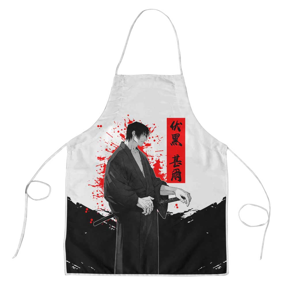 Toji Fushiguro Jujutsu Kaisen Samurai Theme Apron with Katana, Red Kanji and Oni Mask Artwork - The Mazicc