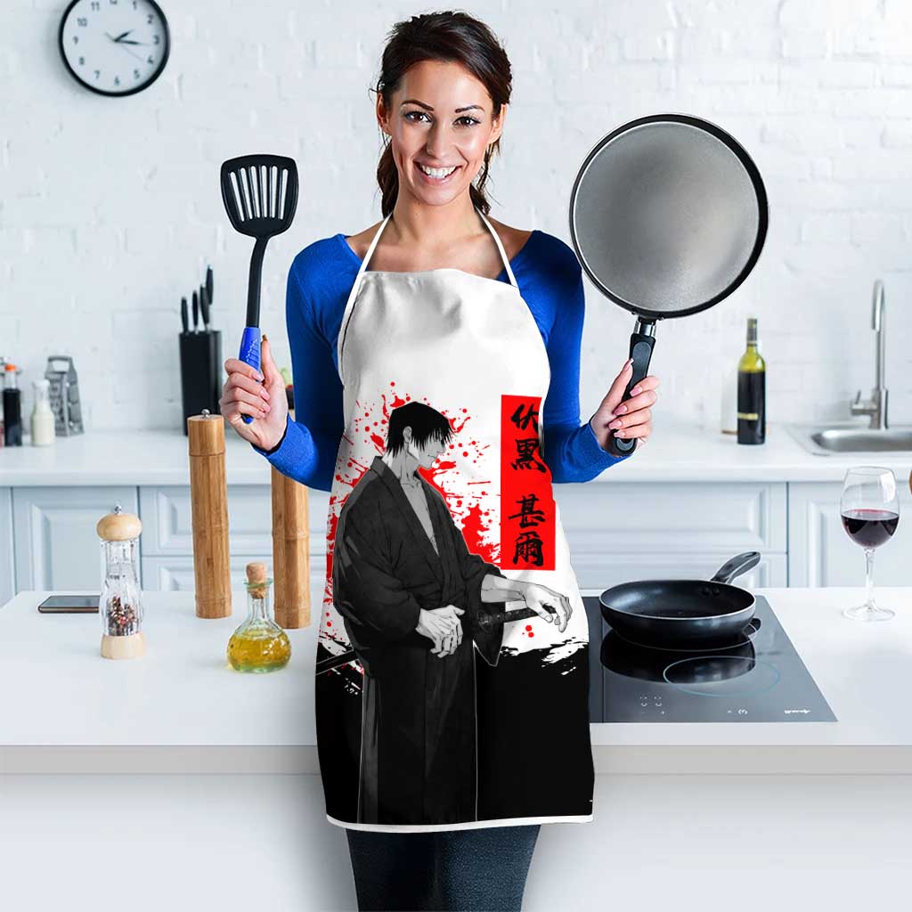 Toji Fushiguro Jujutsu Kaisen Samurai Theme Apron with Katana, Red Kanji and Oni Mask Artwork - The Mazicc