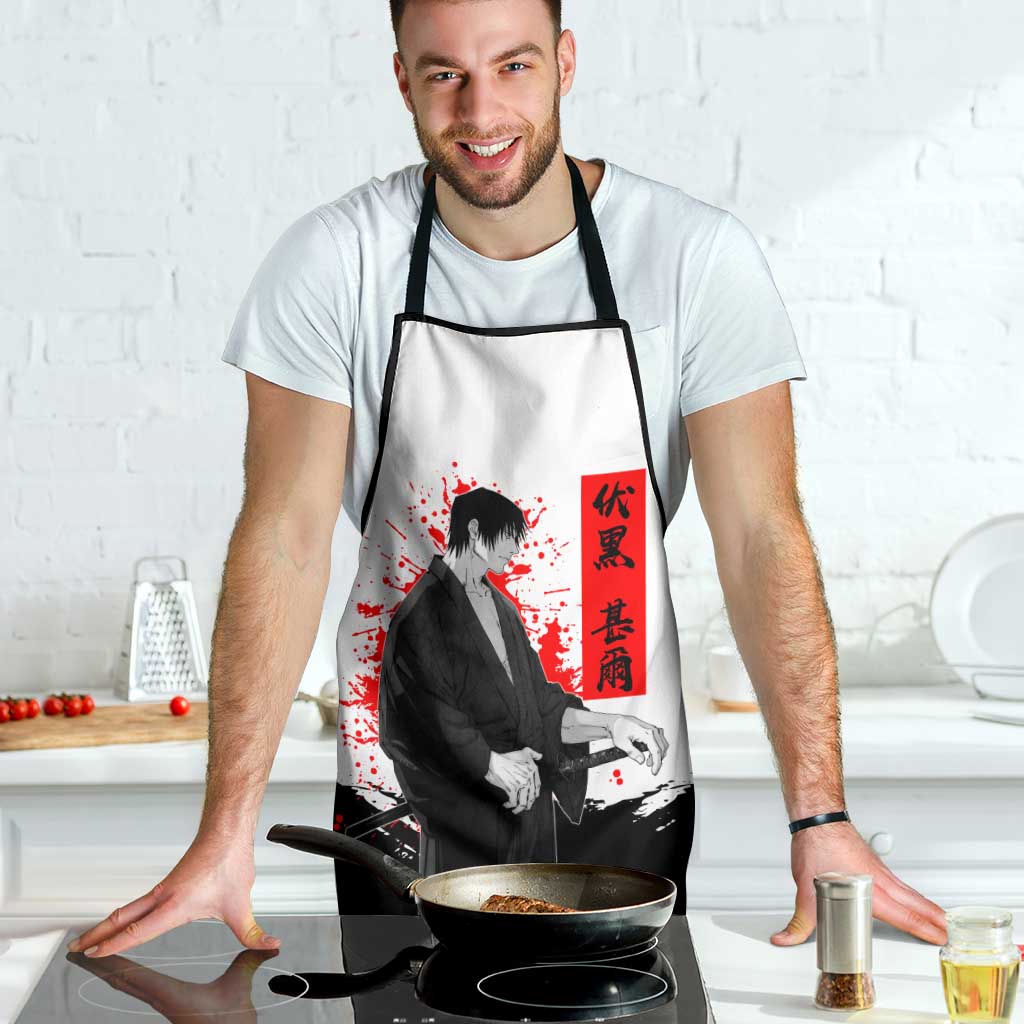 Toji Fushiguro Jujutsu Kaisen Samurai Theme Apron with Katana, Red Kanji and Oni Mask Artwork - The Mazicc