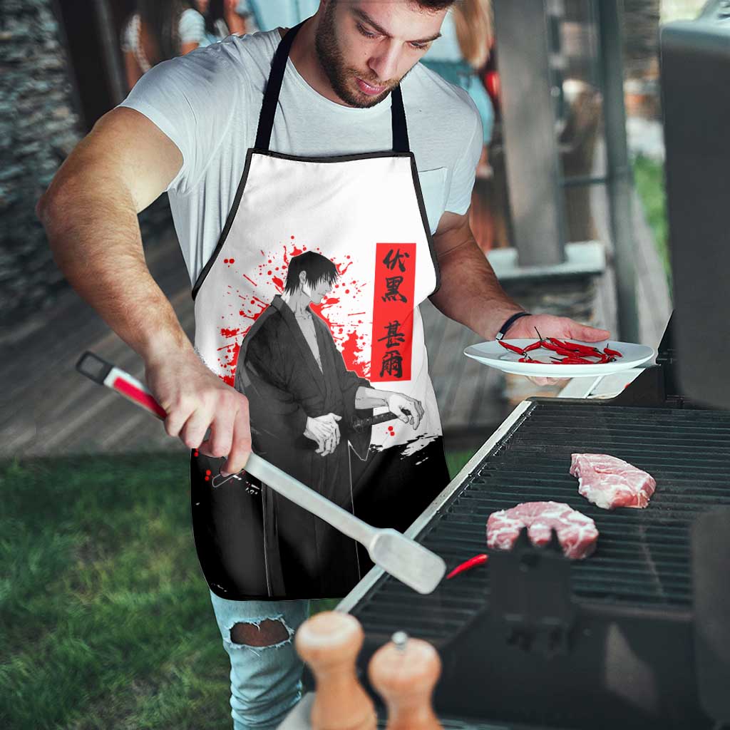 Toji Fushiguro Jujutsu Kaisen Samurai Theme Apron with Katana, Red Kanji and Oni Mask Artwork - The Mazicc