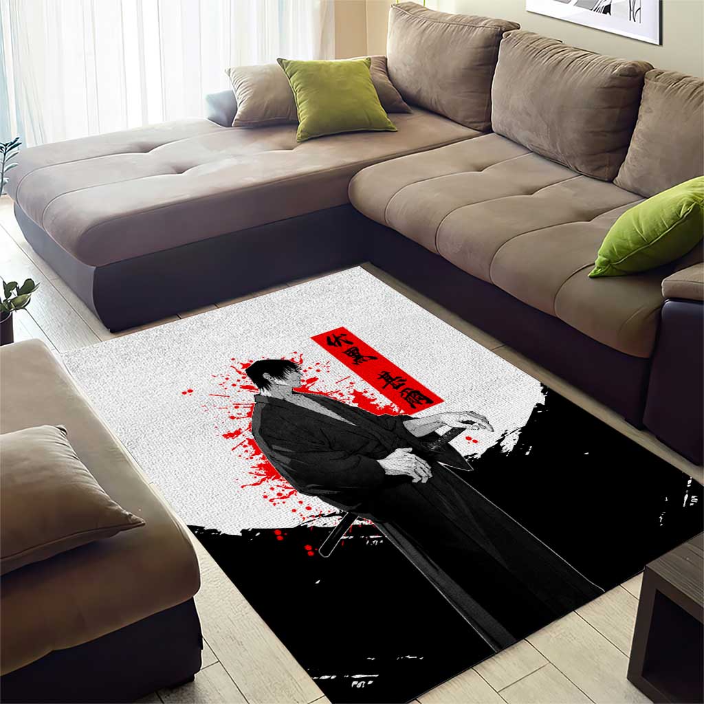 Toji Fushiguro Jujutsu Kaisen Samurai Theme Area Rug with Katana, Red Kanji and Oni Mask Artwork - The Mazicc