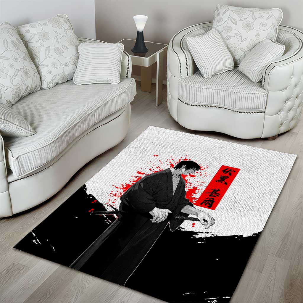 Toji Fushiguro Jujutsu Kaisen Samurai Theme Area Rug with Katana, Red Kanji and Oni Mask Artwork - The Mazicc