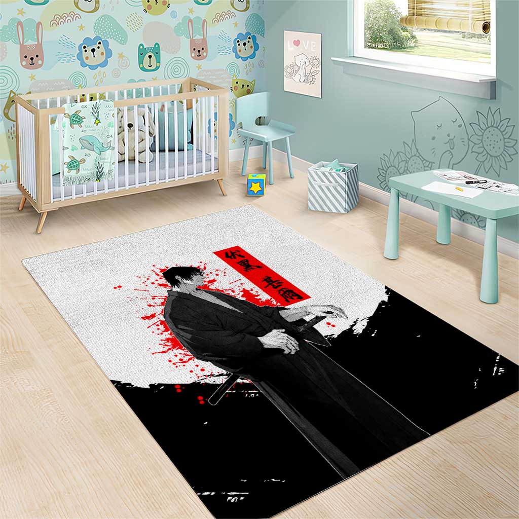 Toji Fushiguro Jujutsu Kaisen Samurai Theme Area Rug with Katana, Red Kanji and Oni Mask Artwork - The Mazicc