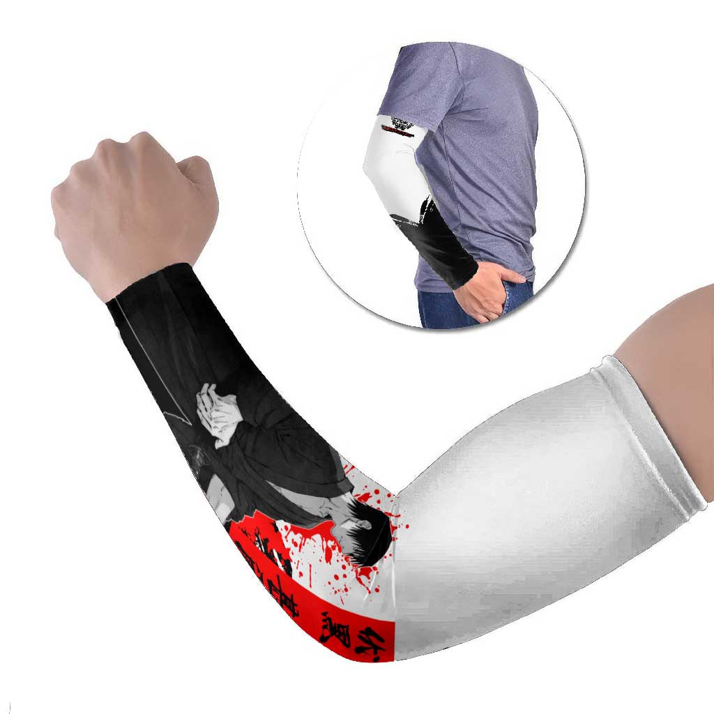 Toji Fushiguro Jujutsu Kaisen Samurai Theme Arm Sleeves with Katana, Red Kanji and Oni Mask Artwork - The Mazicc