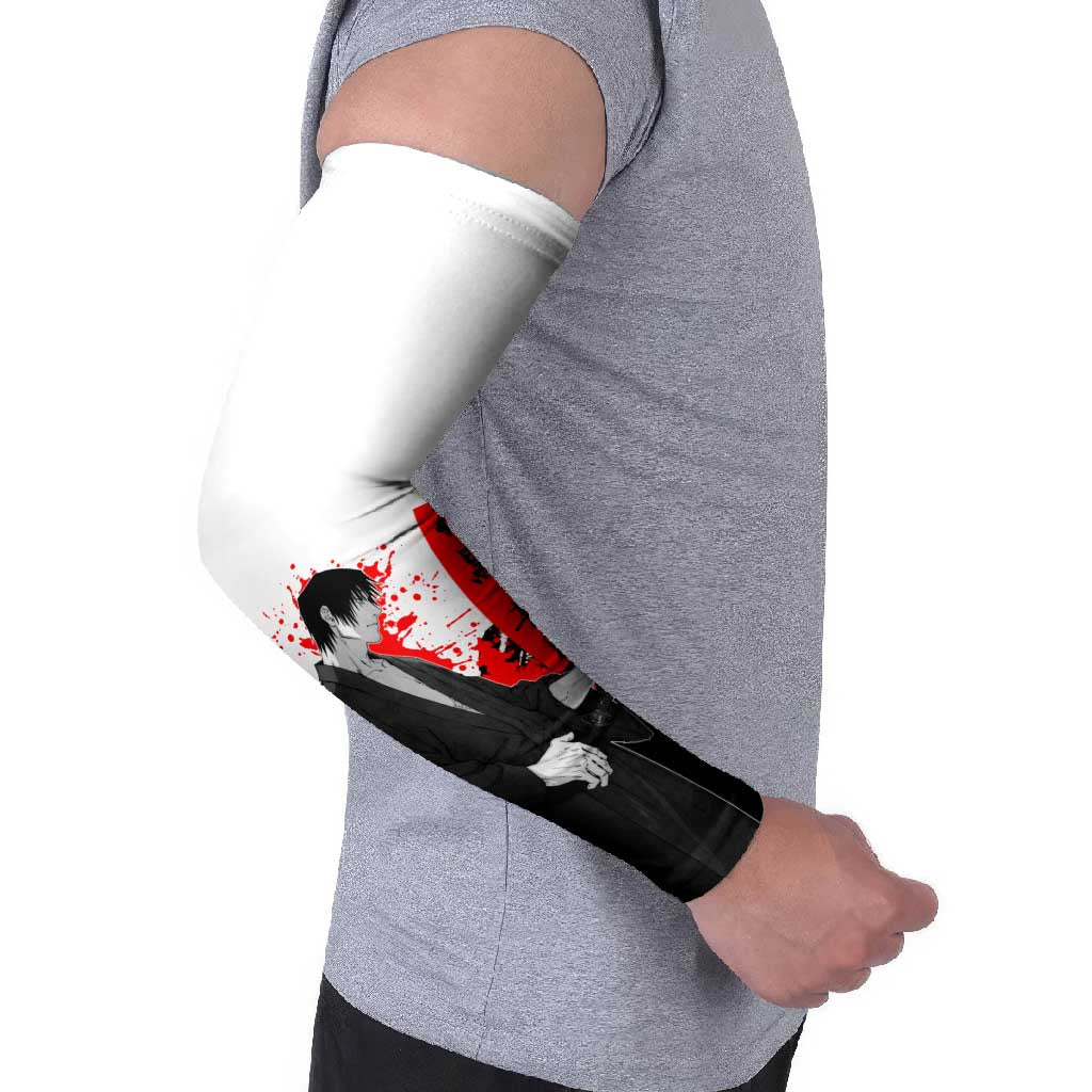 Toji Fushiguro Jujutsu Kaisen Samurai Theme Arm Sleeves with Katana, Red Kanji and Oni Mask Artwork - The Mazicc