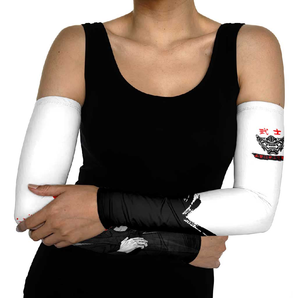 Toji Fushiguro Jujutsu Kaisen Samurai Theme Arm Sleeves with Katana, Red Kanji and Oni Mask Artwork - The Mazicc