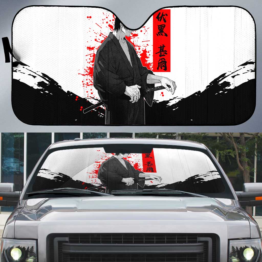 Toji Fushiguro Jujutsu Kaisen Samurai Theme Auto Sun Shade with Katana, Red Kanji and Oni Mask Artwork - The Mazicc