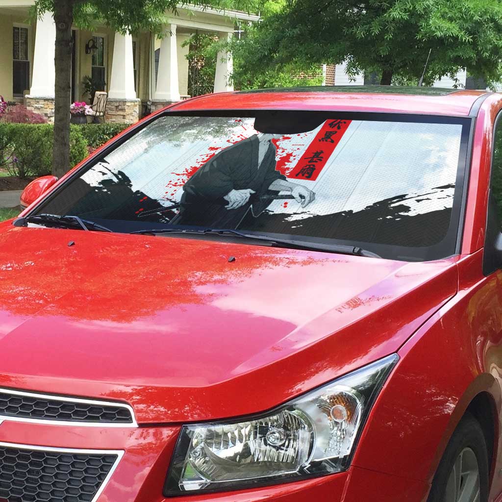 Toji Fushiguro Jujutsu Kaisen Samurai Theme Auto Sun Shade with Katana, Red Kanji and Oni Mask Artwork - The Mazicc