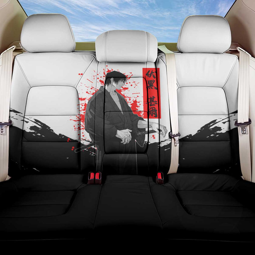 Toji Fushiguro Jujutsu Kaisen Samurai Theme Back Car Seat Cover with Katana, Red Kanji and Oni Mask Artwork - The Mazicc