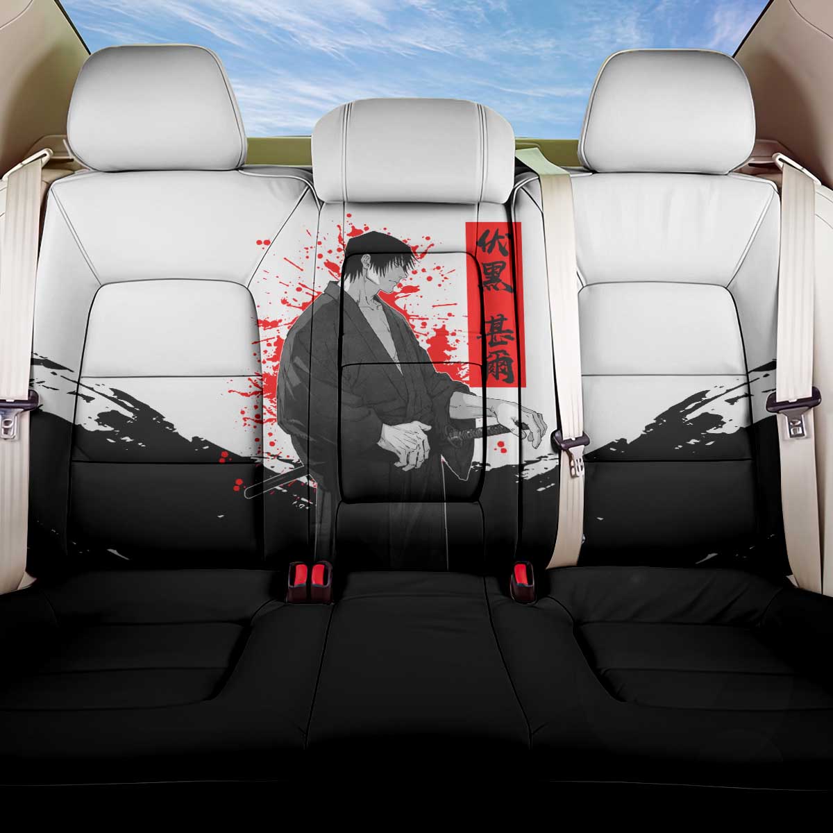 Toji Fushiguro Jujutsu Kaisen Samurai Theme Back Car Seat Cover with Katana, Red Kanji and Oni Mask Artwork - The Mazicc