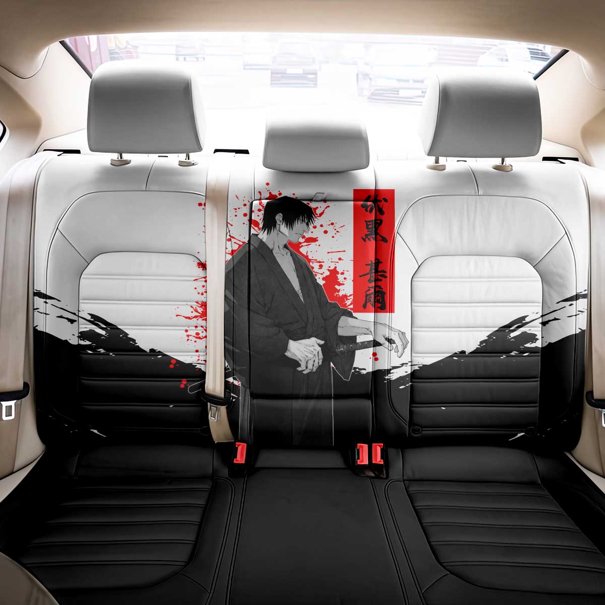 Toji Fushiguro Jujutsu Kaisen Samurai Theme Back Car Seat Cover with Katana, Red Kanji and Oni Mask Artwork - The Mazicc
