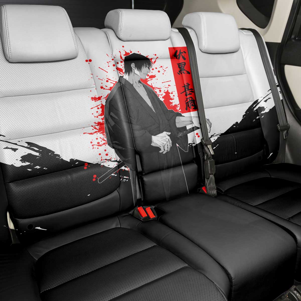 Toji Fushiguro Jujutsu Kaisen Samurai Theme Back Car Seat Cover with Katana, Red Kanji and Oni Mask Artwork - The Mazicc