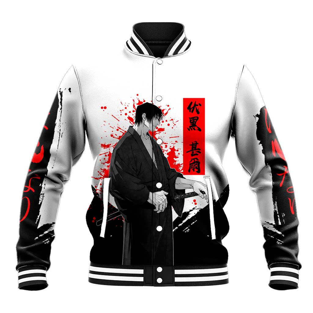 Toji Fushiguro Jujutsu Kaisen Samurai Theme Baseball Jacket with Katana, Red Kanji and Oni Mask Artwork - The Mazicc