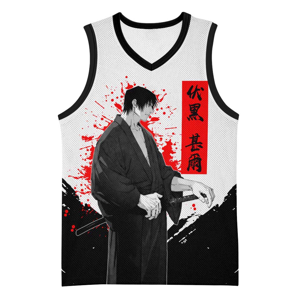 Toji Fushiguro Jujutsu Kaisen Samurai Theme Basketball Jersey with Katana, Red Kanji and Oni Mask Artwork - The Mazicc