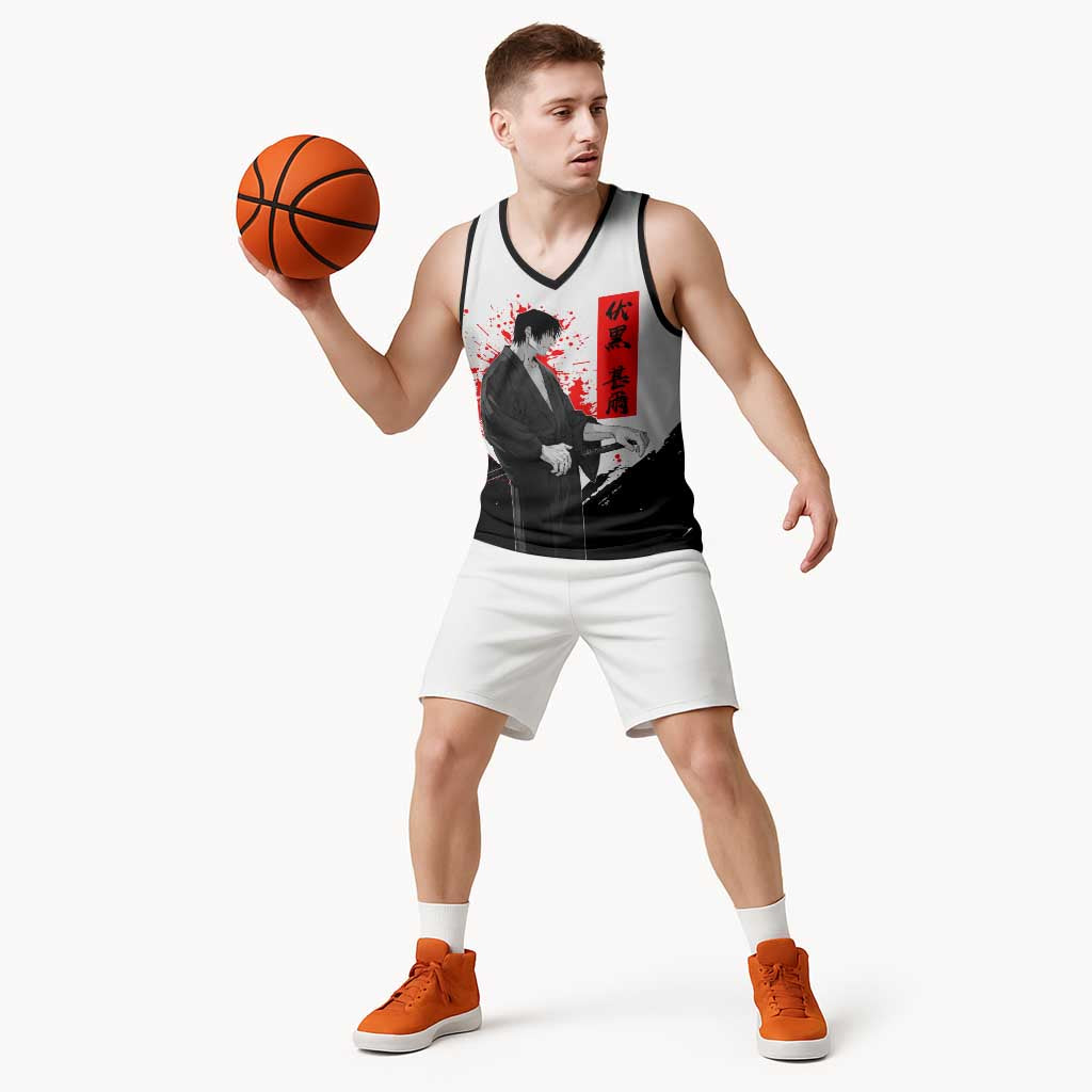 Toji Fushiguro Jujutsu Kaisen Samurai Theme Basketball Jersey with Katana, Red Kanji and Oni Mask Artwork - The Mazicc