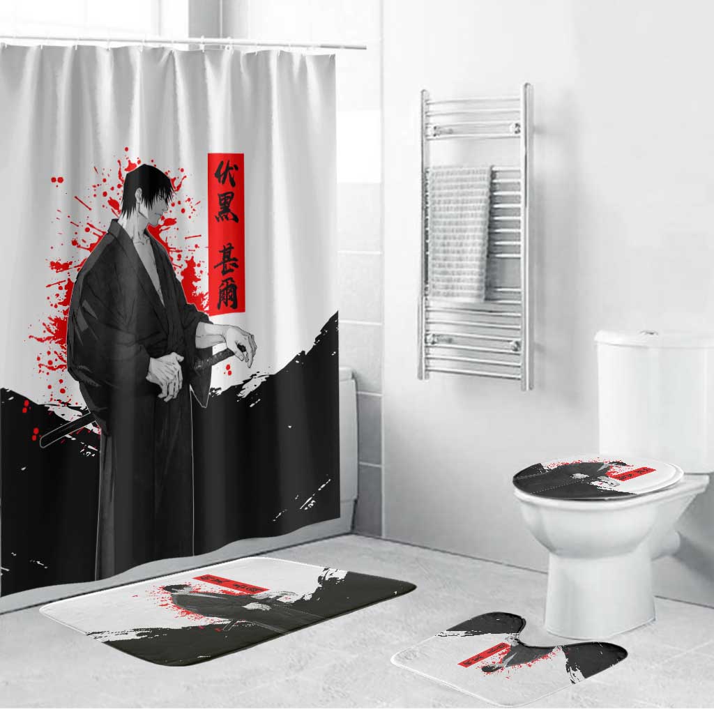 Toji Fushiguro Jujutsu Kaisen Samurai Theme Bathroom Set with Katana, Red Kanji and Oni Mask Artwork - The Mazicc