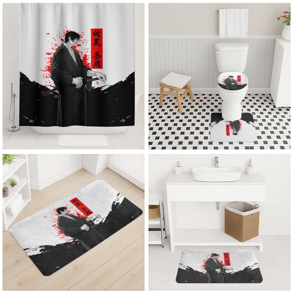 Toji Fushiguro Jujutsu Kaisen Samurai Theme Bathroom Set with Katana, Red Kanji and Oni Mask Artwork - The Mazicc