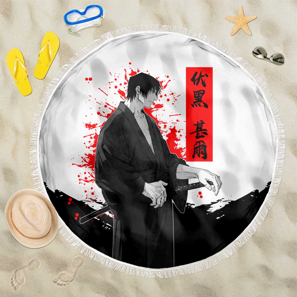 Toji Fushiguro Jujutsu Kaisen Samurai Theme Beach Blanket with Katana, Red Kanji and Oni Mask Artwork - The Mazicc