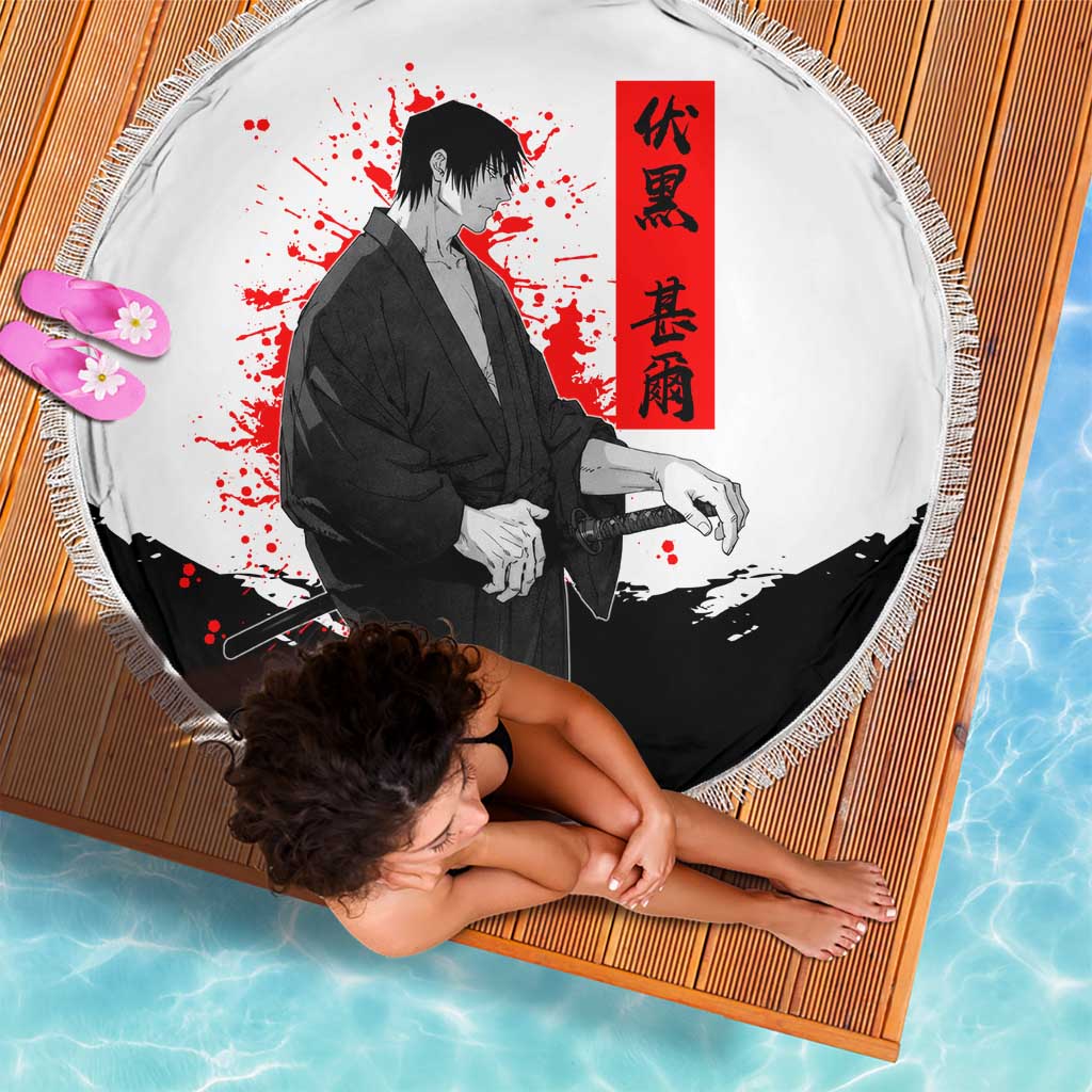 Toji Fushiguro Jujutsu Kaisen Samurai Theme Beach Blanket with Katana, Red Kanji and Oni Mask Artwork - The Mazicc